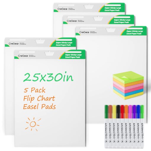 CREGEAR Easel Paper Pad, Sticky Flip Chart Paper 25 x 30 Inches, Large Easel Papers for Teachers, 30 Sheets/Pad, Easel Paper Pad for White Board with 10 Colorful Markers 6 Sticky Note Pads 5 Pack (25 x 30 Inches 5PACK)