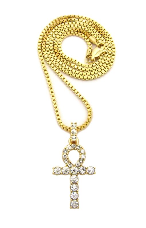 Fashion 21 Micro Pave Egyptian Ankh Cross Pendant 22 to 27 inches Various Chain Necklace Gold Tone 2mm 20" Box Chain