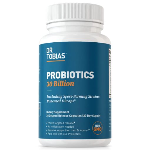 Dr. Tobias Probiotics 30 Billion, 10 Strains, 30 Billion CFU's, Targeted Release Probiotics for Digestive Health, Shelf-Stable Probiotics for Women & Men, Non-GMO, 30 Capsules, 30 Servings 30 Count (Pack of 1)