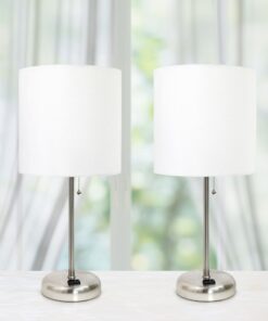 LimeLights LT2024-WHT Brushed Steel Stick Table Desk Lamp with Charging Outlet and Drum Fabric Shade, White 1 29 71HJNVvKsIL
