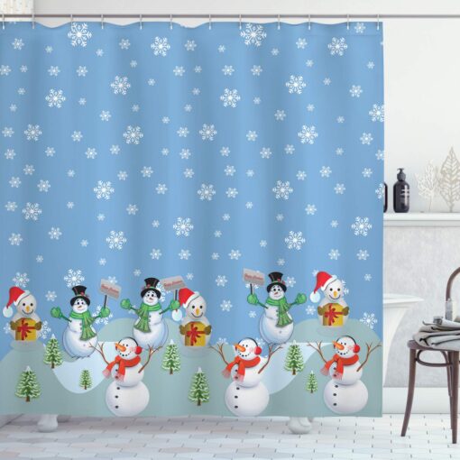 Ambesonne Christmas Shower Curtain, Snowman Party Themed Cartoon Composition Winter Season Elements Trees Snowflakes, Cloth Fabric Bathroom Decor Set with Hooks, 69" W x 70" L, Seafoam Blue