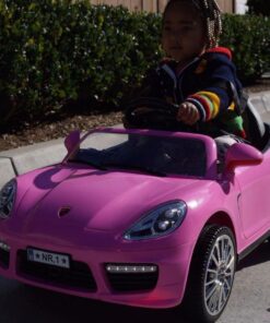 Moderno Kids Kiddie Roadster 12V Power Children Ride-On Car with R/C Parental Remote + Leather Seat 5 Point Seat Belt + LED Wheels + MP3 USB Music Player + Baby Tray Table + Rubber Floor Mats (Pink) Pink 64 71HQ2cepv3L