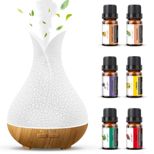 Katusie Essential Oil Diffuser with 6 Essential Oils Gift Set, Small Aromatherapy Diffuser Humidifier with 3 Timers＆7 Ambient Light Waterless Auto Off, Oil Diffuser for Room Home Office(150ml)… 150ml White + 6 Oils