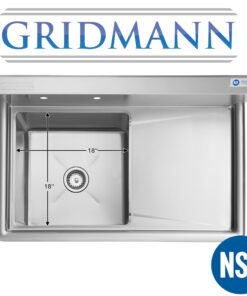 GRIDMANN Stainless Steel 1 Compartment Utility Sink with Right Drainboard, NSF Certified Commercial Kitchen Sink, 18" x 18" x 12" Bowl 18 71HWOEORGBL