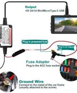 NUNET 15ft MicroUSB & MiniUSB Hardwire Kit with Mini/LP Mini/ATO/Micro2 Fuse, Micro to Mini/Type-C Adapters, Battery Drain Protection System, 15ft Length Cord for Dash Cameras Micro&Mini 26 71Hbb drNL