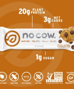 No Cow High Protein Bars, Peanut Butter Chocolate Chip, 20g Plant Based Vegan Protein, Keto, Low Sugar, Low Carb, Low Calorie, Gluten Free, Naturally Sweetened, Dairy Free, Non GMO, Kosher, 12 Pack 12 Count (Pack of 1) 20 71HcAVJoVsL