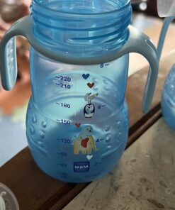 MAM Plastic Trainer Cup (1 Count), Trainer Drinking Cup with Extra-Soft Spout, Spill-Free Nipple, and Non-Slip Handles, for Boys 4+ Months, Eight Ounces, Designs May Vary Blue 29 71HeotNeLOL