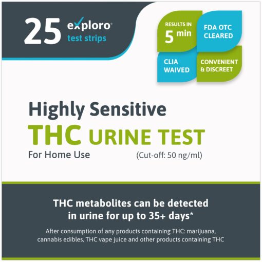 Exploro Highly Sensitive THC Urine Drug Test - When You Flush Your System of Weed and do Detox for Marijuana at Home Drugtest 25 Strips Marijuana, Edibles Testing Kit 25 Count (Pack of 1)