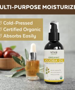 Viva Naturals Jojoba Oil Organic Cold Pressed Unrefined - 100% Pure Jojoba Oil for Skin, Natural Face Moisturizer and Hair Moisturizer, USDA Certified Organic Face Oil for Skin Care DIY, 4 fl. oz 4 Fl Oz (Pack of 1) 32 71Hl8Cf1oPL