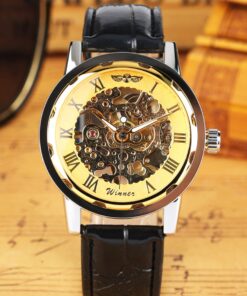 Alternative view of Vavna Classic Men's Leather Dial Skeleton Mechanical Sport Army Wrist Watch (Gold) (Black)