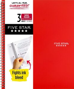 Alternative view of Five Star Spiral Notebook, 3-Subject, Wide Ruled Paper, 10-1/2" x 8", 150 Sheets, Color Will Vary (05204) *Color Will Vary