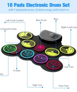 Miortior Electronic Drum Set, 10 Pads Roll-up Drum Practice Pad with Drum Pedals & Drum Sticks, Portable Drum Pad Machine Built-in Speaker with Headphone Jack, Great Christmas & Birthday Gift for Kids 17 71I bH618sL