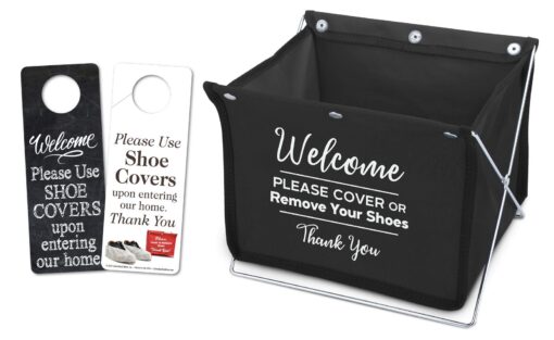 Foldable Shoe Cover Holder (Black) with Bonus Please Use Shoe Covers, Double Sided, Door Hanger Black