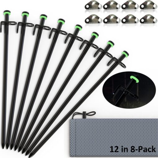 AITUSHA Tent Stakes Heavy Duty 12-Inch Forged Steel Unbent Tent Pegs – Ideal Camping Stakes for Rocky/Hard Places (Fluorescent Rubber Circle and Rope Tensioner Included) (12in 8-Pack) Gray