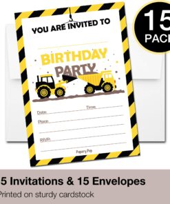 Alternative view of Papery Pop Construction Trucks Birthday Invitations with Envelopes (15 Count) - Kids Birthday Party Invitations for Boys - Tractor