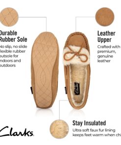 Clarks Womens Folded Tongue Suede Leather Moccasin Slipper ICH30746C - Plush Faux Fur Lining - Indoor Outdoor House Slippers For Women 8 Cinnamon 7 71I9g0SCRRL