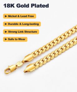 U7 Diamond Cut Miami Cuban Link Chain for Men Women Stainless Steel Curb Chain Necklace, Cool Hip Hop Jewelry Silver/Black/18K Gold Plated Chains, Width 3/6/9/12mm,18/20/22/24/26/28/30 Inch d.Flat Curb-6mm-gold 22.0 Inches 24 71IDFmTV0L