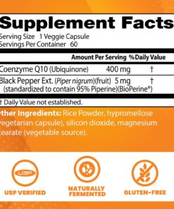 Doctor's Best High Absorption CoQ10 with BioPerine, Heart Health & Energy Production, Naturally Fermented, Non-GMO, Vegan, Gluten Free, 400 mg, 60 Veggie Caps Unflavored 60 VC 10 71IKF7yfE2L
