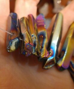 SUNYIK Rainbow Aura Titanium Coated Crystal Points Quartz Polished Sticks Spikes Point Beads 15 inch Strand Drilled 0.5"-1.6" #3-Rainbow(Polished) 17 71ILrZcgiUL