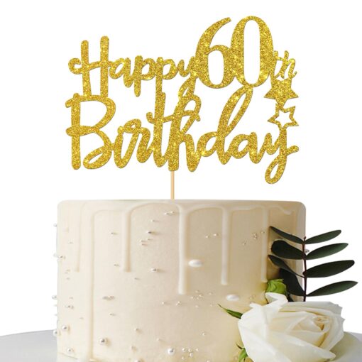 Gold Glitter Happy 60th Birthday Cake Topper,Hello 60, Cheers to 60 Years,60 & Fabulous Party Decoration