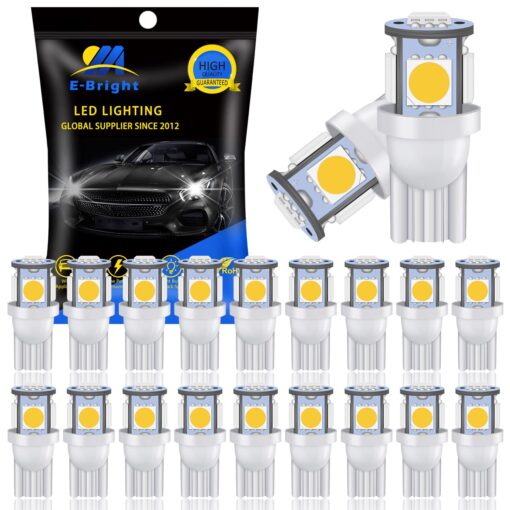 EverBright 20-Pack T10 194 Led Bulb, White 5050 5 SMD 2825 W5W 912 168 LED Bulb Replacement For Car Interior Lights Clearance Wedge Dome Trunk Dashboard Bulb License Plate Light Lamp DC 12V DC-12V