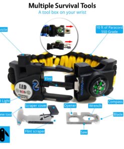 Nexfinity One Survival Paracord Bracelet - Tactical Emergency Gear Kit with SOS LED Light, 550 Grade, Adjustable, Multitools, Fire Starter, Compass, and Whistle - Set of 2 Yellow 15 71IRNCeUe L