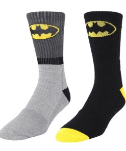 Batman Logo 2 Pair Men's Athletic Crew Socks Gray Stripe & Black Shoe Size 6-12