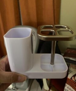 mDesign Plastic Toothbrush Storage Organizer Holder with Cup for Bathroom, Vanity, Countertop Space - Holds Brushes, Toothpaste, Floss, Dental Accessories - White/Satin 30 71IVpIJmQiL