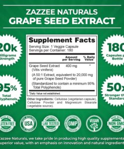 Zazzee High Strength Grape Seed 50:1 Extract, 20,000 mg Strength, 180 Vegan Capsules, 95% Polyphenols, 6 Month Supply, Concentrated, Standardized 50X Extract, 400 mg per Capsule, Non-GMO, All-Natural 20 71IXL87B72L
