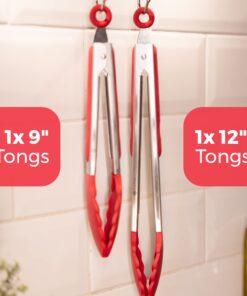 StarPack Basics Silicone Kitchen Tongs (9-Inch & 12-Inch) - Stainless Steel with Non-Stick Silicone Tips, High Heat Resistant to 480°F, For Cooking, Serving, Grill, BBQ & Salad (Cherry Red) Basic (Heat Resistant 480°F) Cherry Red 20 71IaQJ3eQHL