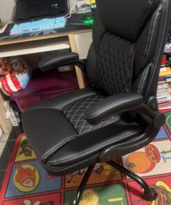 BestEra Office Chair, Executive Leather Chair Home Office Desk Chairs, Ergonomic Computer Desk Chair with Adjustable Flip-Up Arms, Lumber Support Swivel Task Chair with Rocking Function (Black) Black 44 71IjsMeCFBL
