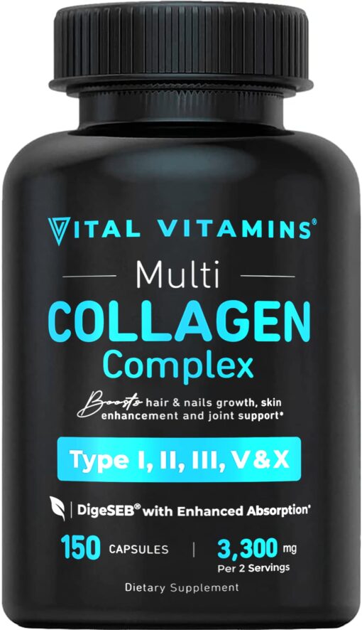 Vital Vitamins Multi Collagen Complex - Type I, II, III, V, X, Grass Fed, Non-GMO, 150 Capsules 150 Count (Pack of 1)