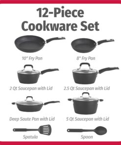 GoodCook 12-Piece Micro-Divot Nonstick Aluminum Cookware Set with Pans, Dutch Oven, Spoon and Turner, Black (6184) 12 piece set 24 71IkUd6UPBL