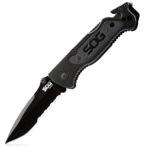 SOG Escape Tactical Folding Knife- 3.4 Inch Serrated Edge Blade Emergency Pocket Knife with Glass Breaker, Wire Stripper and Line Cutter Blades-Black (FF25-CP) Escape - Hardcased Black