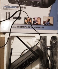 Pyle Channel Microphone System-VHF Fixed Dual Frequency Wireless Set with 2 Handheld Dynamic Transmitter Mics, Receiver Base-for PA, Karaoke, Dj Party (PDWM2135) , Black 31 71Iliy6djyL