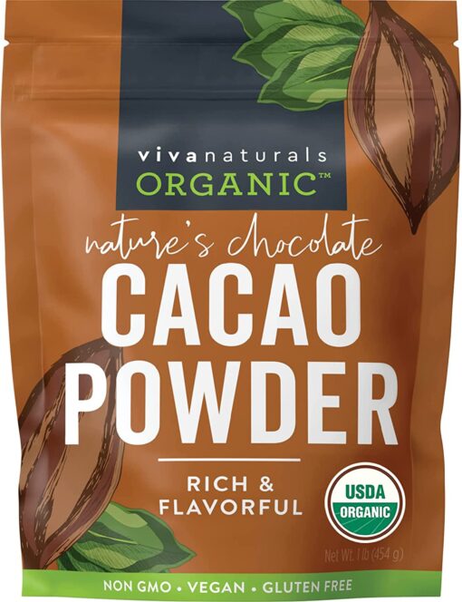 Viva Naturals Organic Cacao Powder, 1lb - Unsweetened Cacao Powder With Rich Dark Chocolate Flavor, Perfect for Baking & Smoothies, Non-GMO, Certified Vegan & Gluten-Free, 454 g 1 Pound (Pack of 1)