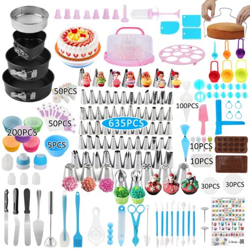 Cake Decorating Kit,635 Pcs Decorating Supplies With 3 Springform Pan Sets Icing Nozzles Rotating Turntable Cake Topper Piping Bags Carrier Holder,Cake Baking Set Tools 635 PCS