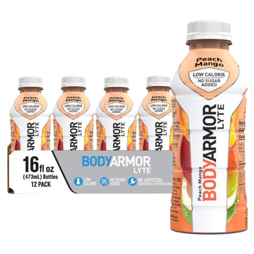 BODYARMOR LYTE Sports Drink Low-Calorie Sports Beverage, Peach Mango, Coconut Water Hydration, Natural Flavors With Vitamins, Potassium-Packed Electrolytes, Perfect For Athletes, 16 Fl Oz (Pack of 12) 16 Ounce (Pack of 12)