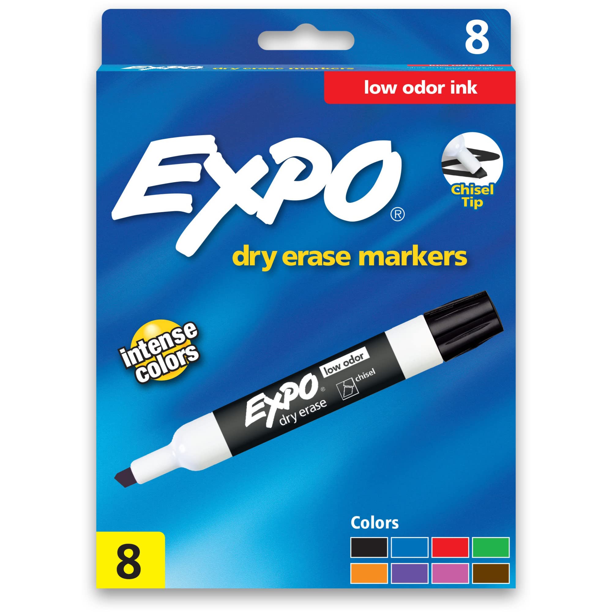 EXPO Low Odor Dry Erase Markers, Chisel Tip, Assorted Colors, 8 Pack 8 Count (Pack of 1) 1 EXPO Low Odor Dry Erase Markers, Chisel Tip, Assorted Colors, 8 Pack 8 Count (Pack of 1)