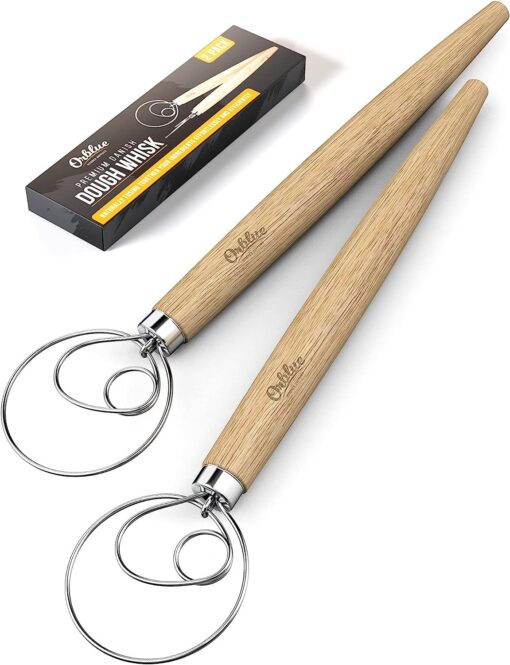 ORBLUE Premium Danish Dough Whisk - 2 Pack LARGE 13.5" Dutch Whisk with Stainless Steel Ring - Danish Whisk for Bread, Pastry or Pizza Dough - Baking Tool Alternative to a Blender, Mixer or Hook Rubberwood 2 Pack Rubberwood