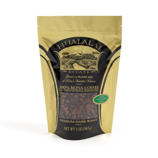 Hualalai Estate Whole Bean 100% Kona Coffee - Medium Dark Roasted Hawaiian Grown Beans - Pesticide-Free Gourmet Grade Premium Coffee (7 oz) 7 Ounce (Pack of 1)