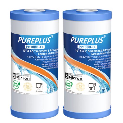 PUREPLUS 5 Micron 10" x 4.5" Whole House Sediment and Carbon Water Filter Replacement Cartridge for GE FXHTC, GXWH40L, GXWH35F, GNWH38S, Culligan RFC-BBSA, WRC25HD, PP10BB-CC, Pentek RFC-BB, 2Pack 2 Count (Pack of 1)