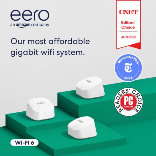 Amazon eero 6+ mesh Wi-Fi system | Fast and reliable gigabit speeds | connect 75+ devices | Coverage up to 4,500 sq. ft. | 3-pack, 2022 release eero 6+