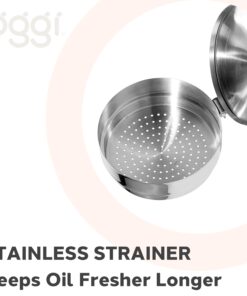 OGGI Stainless Steel Grease Container with Handle, Removable Strainer and Flip Top Lid. Perfect container for fryer oil, bacon drippings, lard and ghee oil. Can capacity - 0.25 Gall / 1 Qt / 0.95 Lt 1 Quart 13 71JApUkZhlL