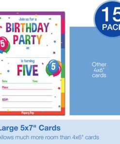 Papery Pop 5th Birthday Party Invitations with Envelopes (15 Count) - 5 Year Old Kids Birthday Invitations for Boys or Girls - Rainbow 10 71JBVd2 P5L