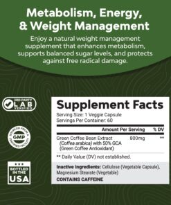 Pure Green Coffee Bean Extract Supplement – Best for Weight Loss Appetite Suppressant – 800 mg with Chlorogenic Acid Best Energy Booster Advanced Natural Potent Formula – 60 Capsules 11 71JCtSn9hL