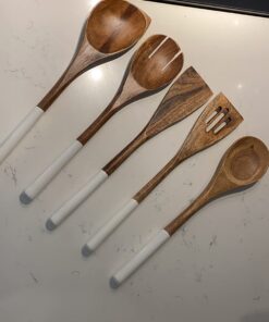 Folkulture Wooden Spoons for Cooking Set for Kitchen, Non Stick Cookware Tools or Utensils Includes Wooden Spoon, Spatula, Fork, Slotted Turner, Corner Spoon, Set of 5, 12 Inch, Acacia Wood (White) White 29 71JGeBKwHzL