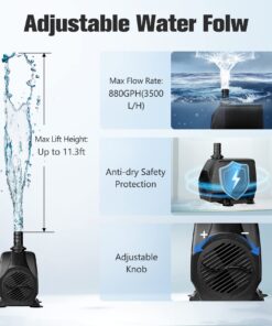 KEDSUM 880GPH Submersible Water Pump(3500L/H, 100W), Ultra Quiet Water Pump with 11.3ft High Lift, Fountain Pump with 5.9 ft Power Cord, 3 Nozzles for Fish Tank, Pond, Aquarium, Hydroponics 25 71JKupyWc1L