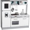 Amazon Basics Kids Upright Wooden Kitchen Toy Playset with Stove, Oven, Sink, Fridge and Accessories, for Toddlers, Preschoolers, Children Age 3+ Years, White & Gray, 39"L x 11.8"W x 39'H' Upright Kitchen 5 71JQ7eY4uRL