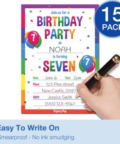 Papery Pop 7th Birthday Party Invitations with Envelopes (15 Count) - 7 Year Old Kids Birthday Invitations for Boys or Girls - Rainbow 12 71JUdj9EgmL